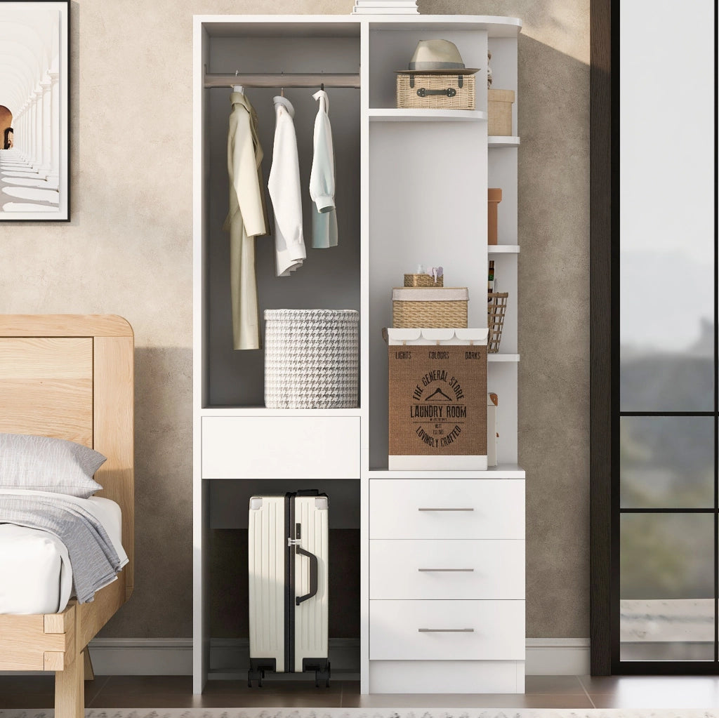 Armadio guardaroba 70x55x175 cm con appendiabiti, ripiani e cassetti in MDF bianco