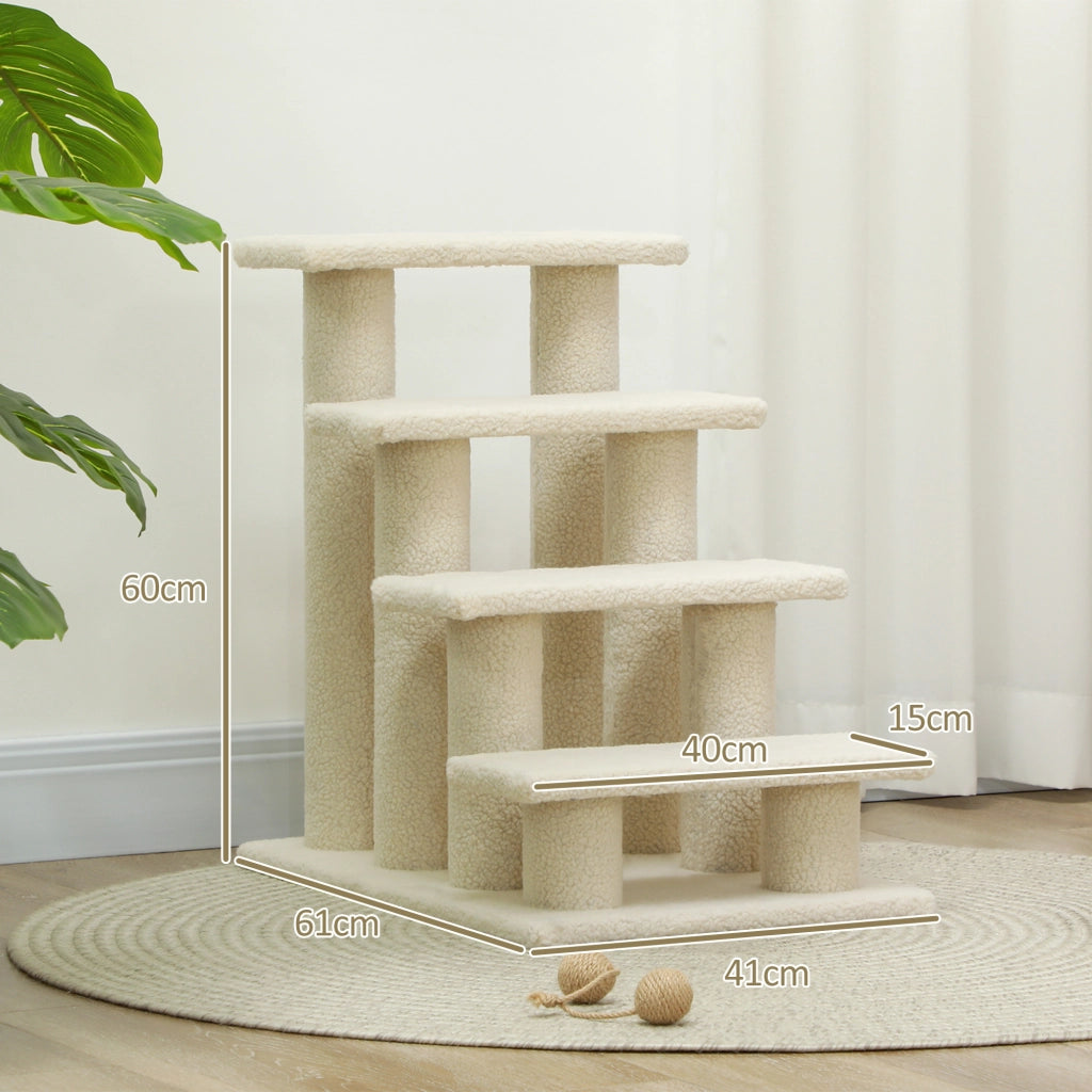 Scala per animali a 4 gradini con tiragraffi in peluche color crema per cani e gatti 63.5 × 43 × 60 cm