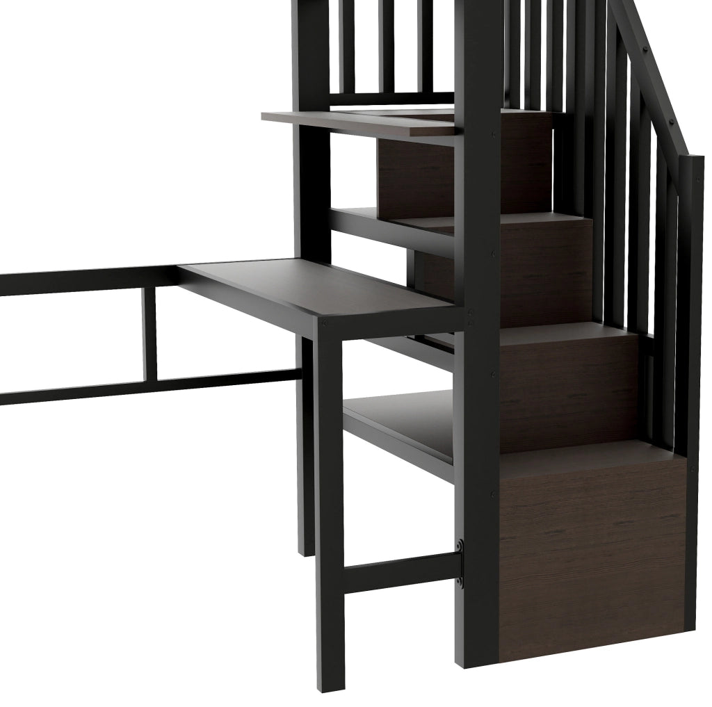 Letto a soppalco 90 x 200 cm con scrivania, ripiani e LED nero