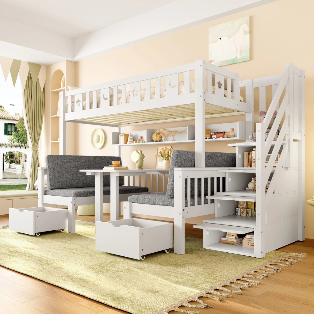 Letto a soppalco bianco 90x200 cm con scrivania pieghevole; letto inferiore trasformabile e scala contenitore; in pino e MDF