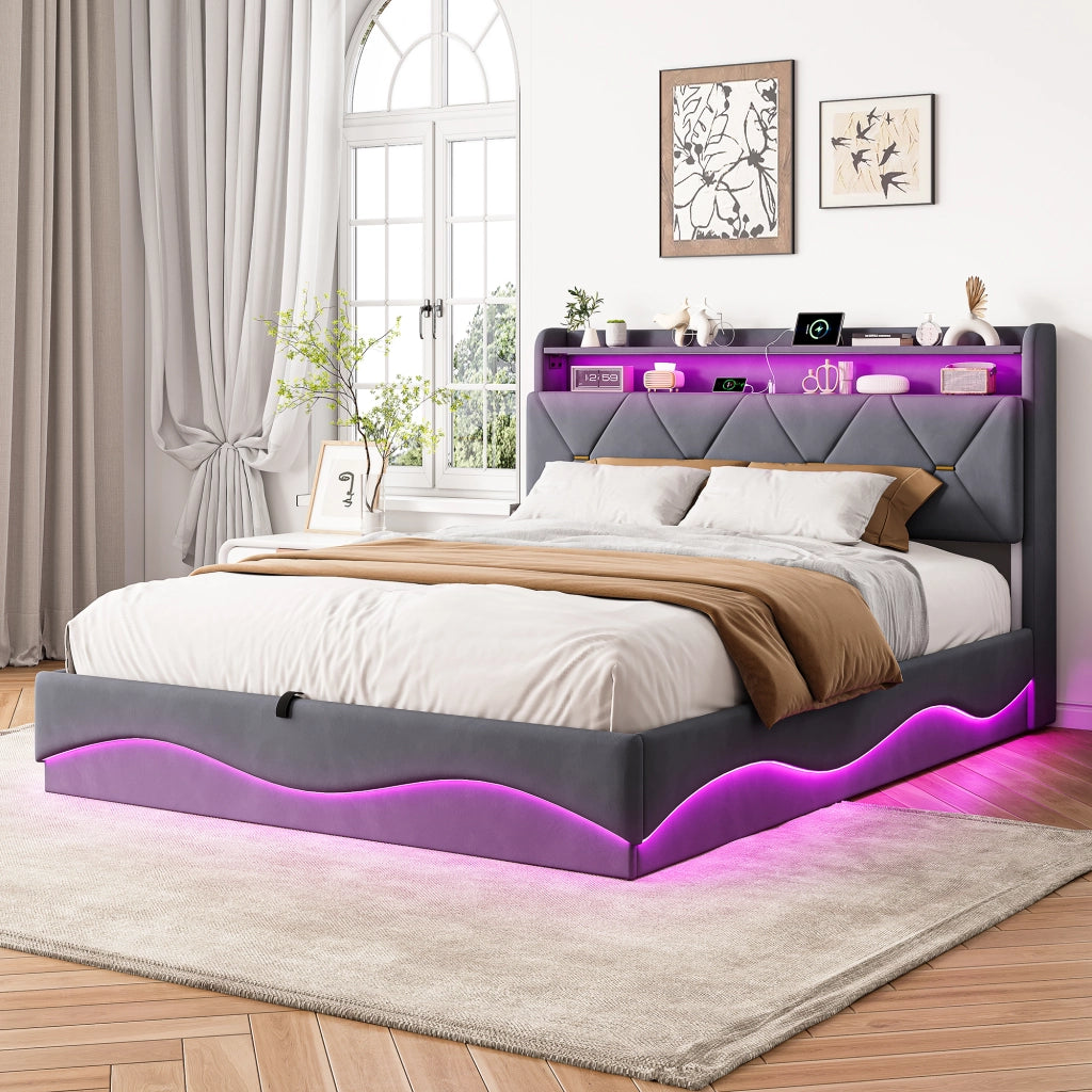 Letto matrimoniale 160x200 cm con contenitore LED USB Type-C testiera rete a doghe tessuto - grigio