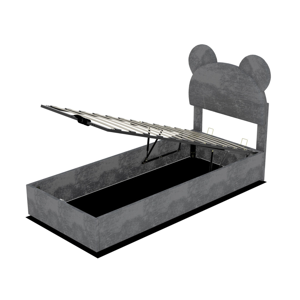 Letto per bambini 90x200 cm grigio con vano contenitore, tessuto e metallo, senza materasso
