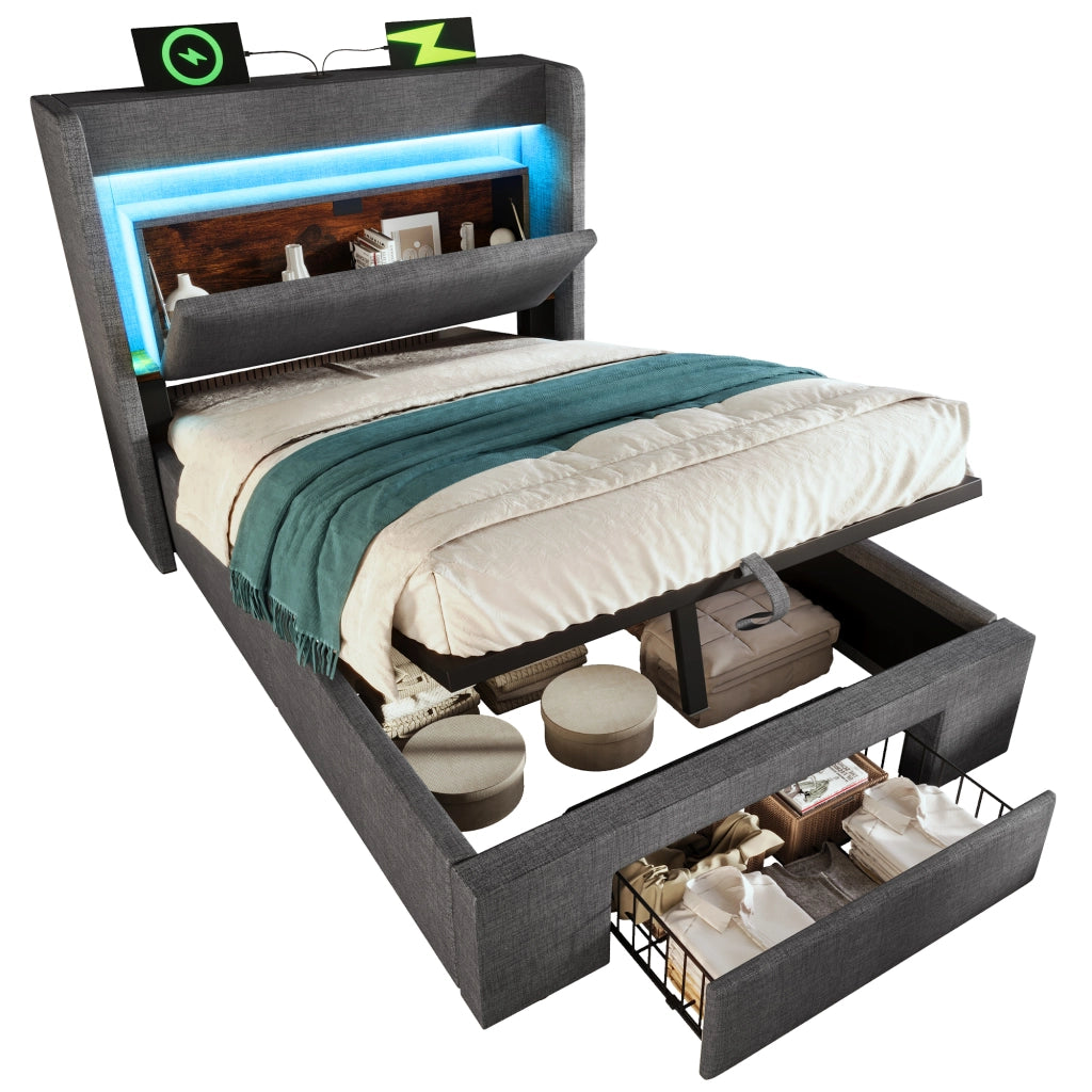 Letto contenitore singolo 90 × 200 cm con cassetto; LED regolabile; USB e porta tipo C; con materasso; grigio