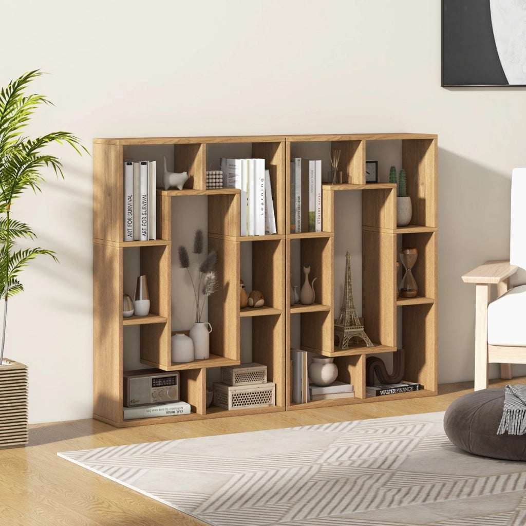 Libreria geometrica a 7 cubi, Moderna scaffale aperto da pavimento con dispositivo anti-ribaltamento per studio Naturale