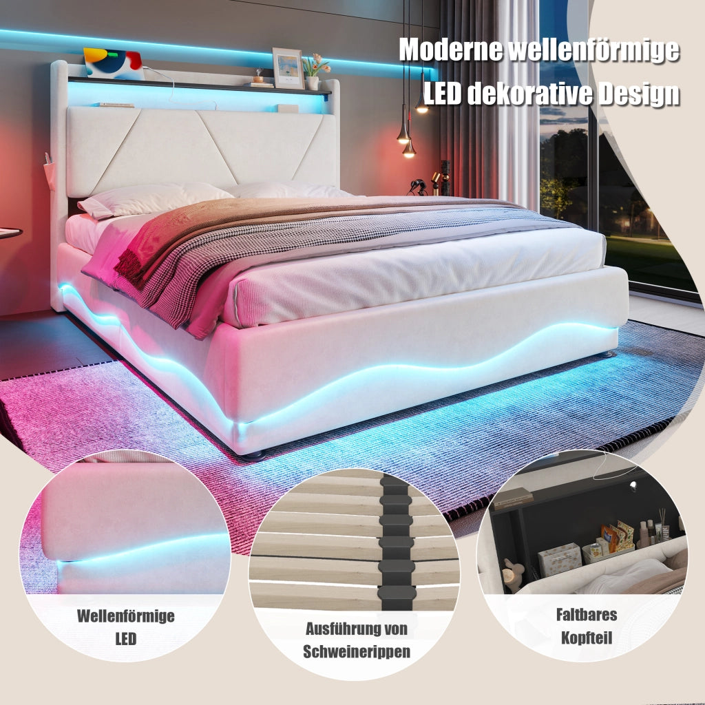 Letto matrimoniale imbottito 140 × 200 cm con contenitore velluto beige LED USB e Type-C testiera con ripiani