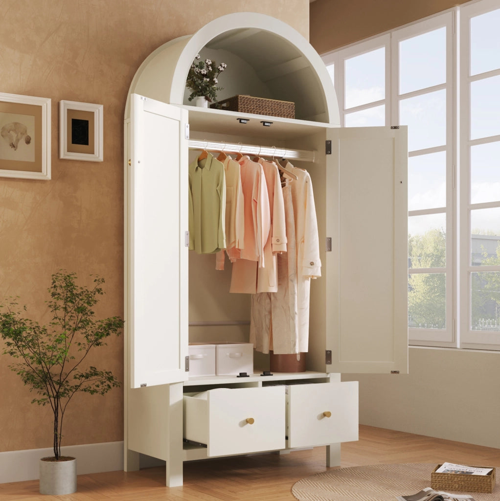 Armadio bianco 181x78x45 cm in MDF con intreccio in rattan, stile country, 2 ante con chiusura magnetica, 2 cassetti, barra appendiabiti e sicurezza anti-ribaltamento