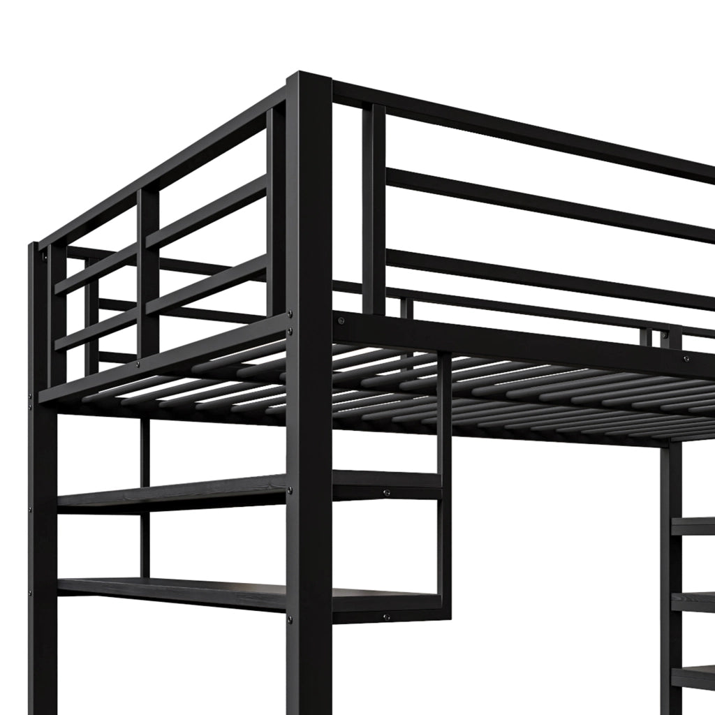Letto a soppalco 140 × 200 cm con scaffali e scala contenitore in metallo e MDF nero