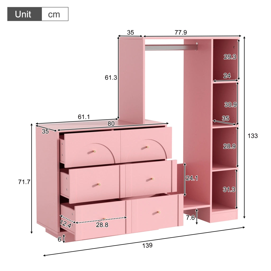 Guardaroba aperto con 6 cassetti; barra appendiabiti e ripiani laterali; rosa; 139 × 35 × 133 cm