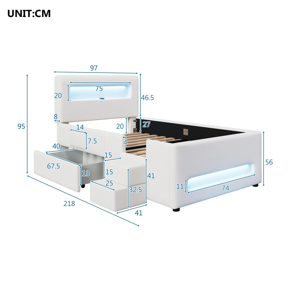 Letto piattaforma imbottito 90x200 cm bianco con cassetti, LED, USB e scaletta