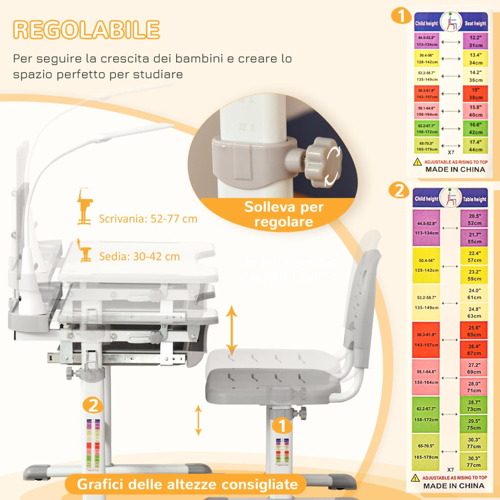 Scrivania Regolabile per Bambini con Sedia ¨C Minimal ¨C Grigio
