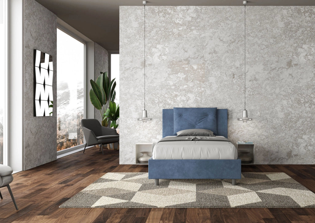 BS COM Letto singolo con rete imbottito 100x210 microfibra blu