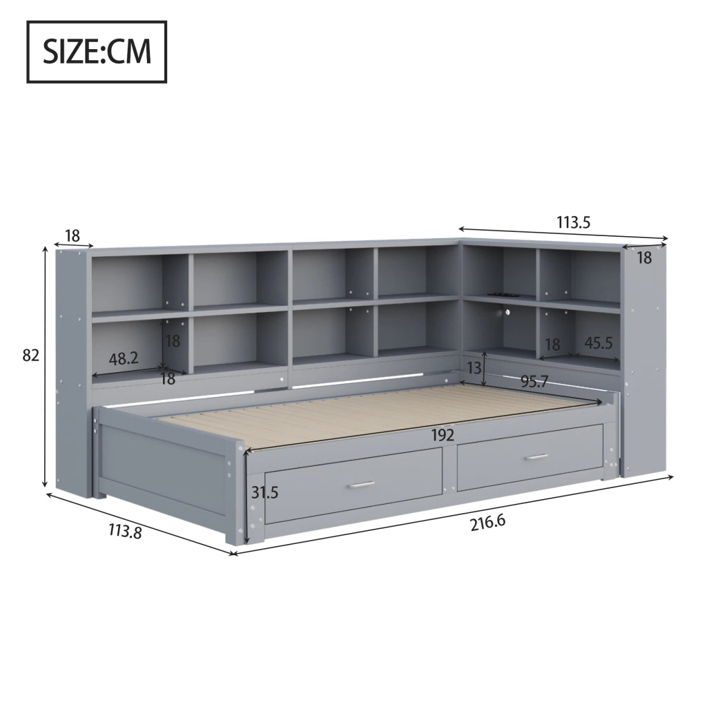 Letto estraibile singolo 90/180×190 cm con vani; cassetti e presa multiuso; senza materasso; legno; grigio