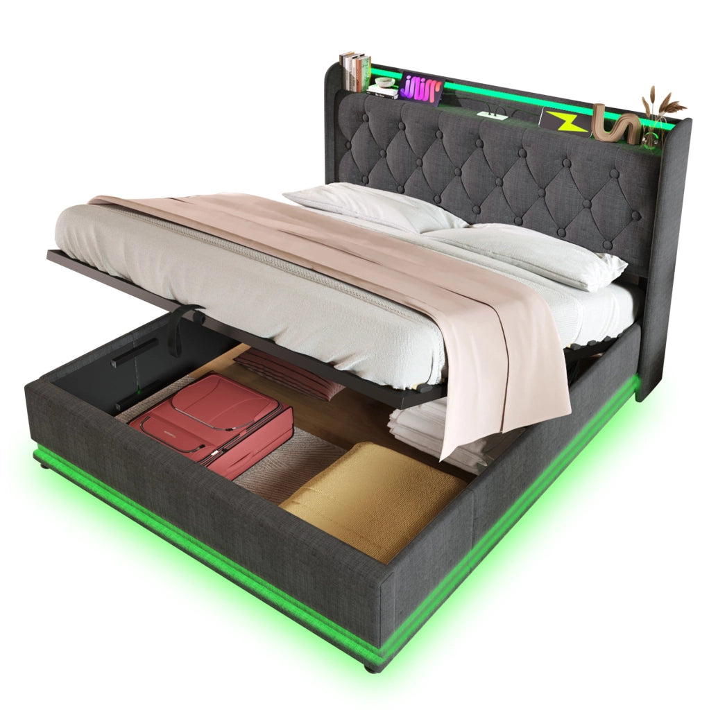 Letto matrimoniale 160x200 cm con contenitore idraulico; LED e USB-C; lino grigio
