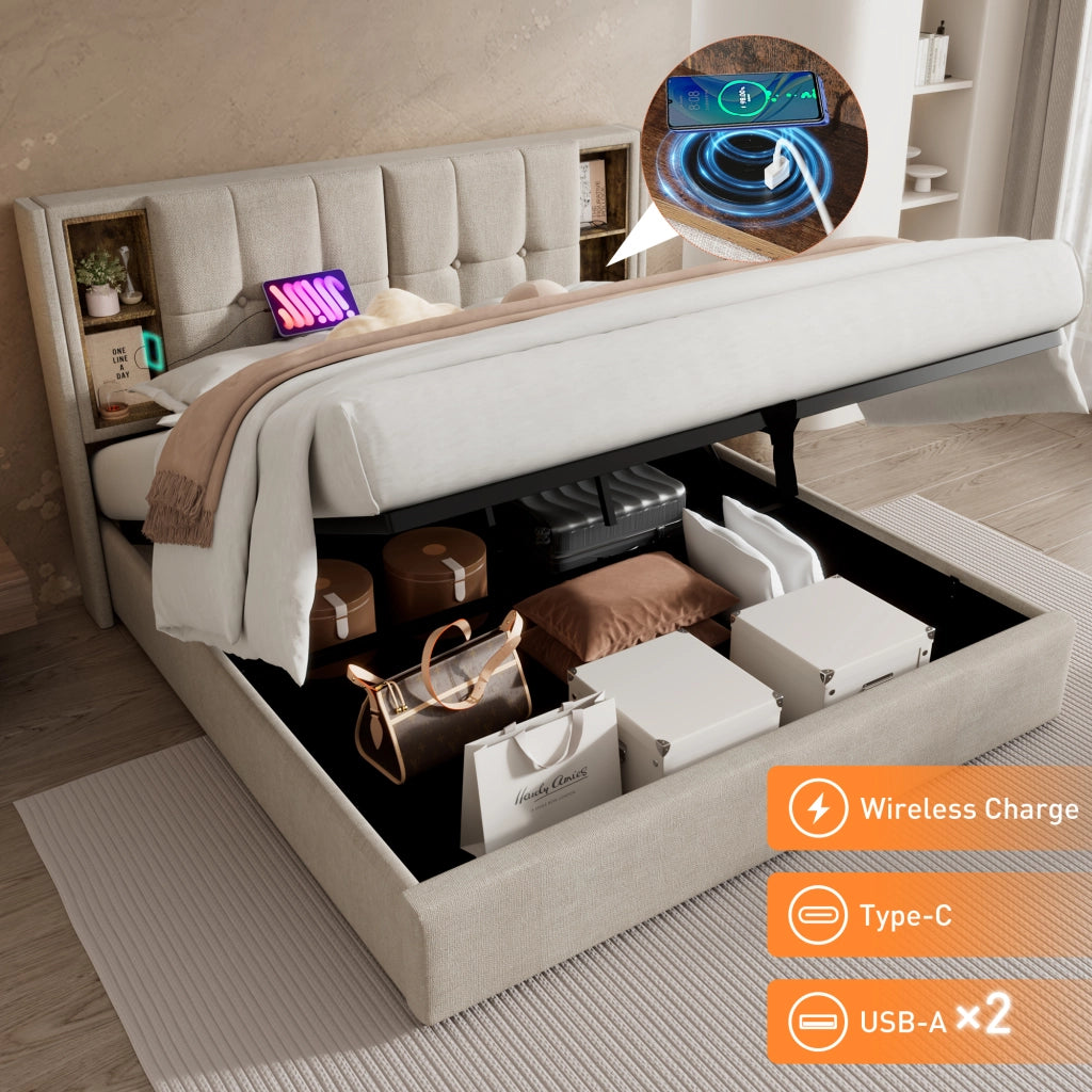 Letto contenitore 140 × 200 cm con ricarica wireless USB testiera imbottita in lino naturale