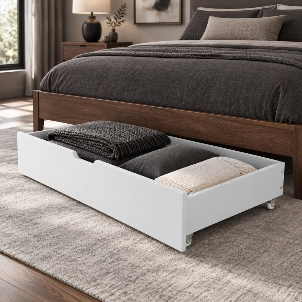 Cassetti contenitori sottoletto con ruote in MDF bianchi per letto da 90 × 200 cm 93 × 66.5 × 20 cm