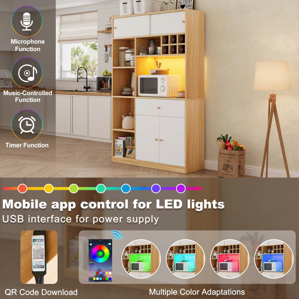 Mobile colonna da cucina con LED regolabile; 3 ante; cassetto e ripiani aperti bianco e naturale 115 × 35 × 180 cm