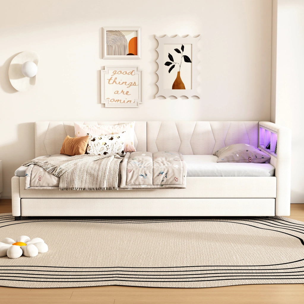 Letto estraibile singolo 90×200 cm con USB Type-C; LED e ripiani; con rete; senza materasso; lino; beige