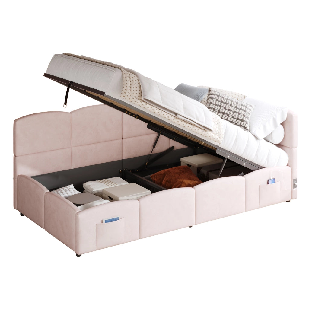 Letto contenitore multifunzione 90x200 cm in velluto rosa con ricarica USB e tasche laterali