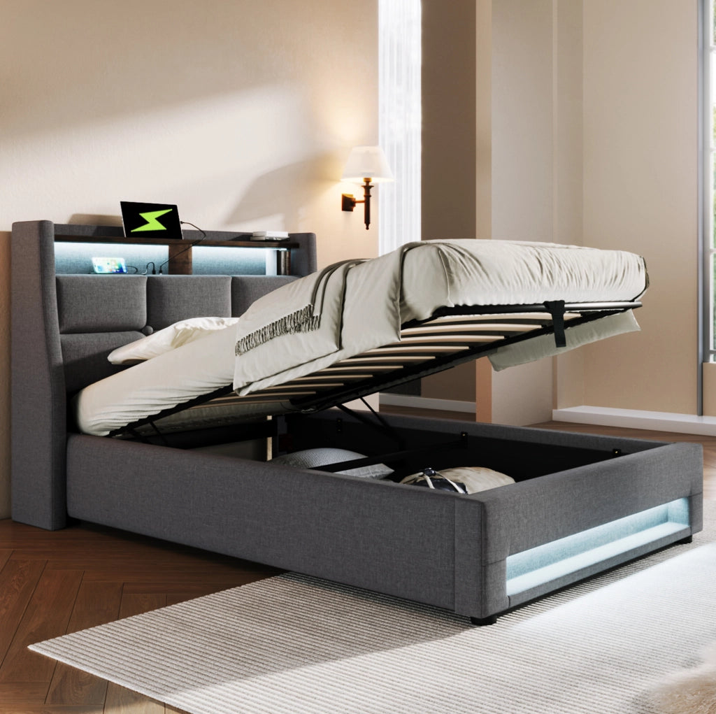 Letto imbottito 90x200 cm con LED; USB e contenitore; grigio
