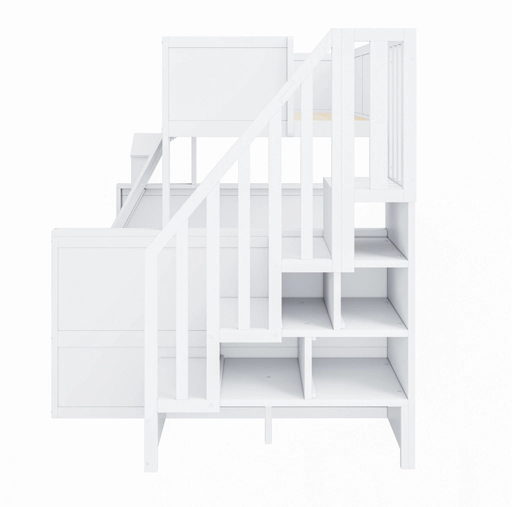 Letto a castello per bambini con scala contenitore; 2 cassetti e finestra; bianco