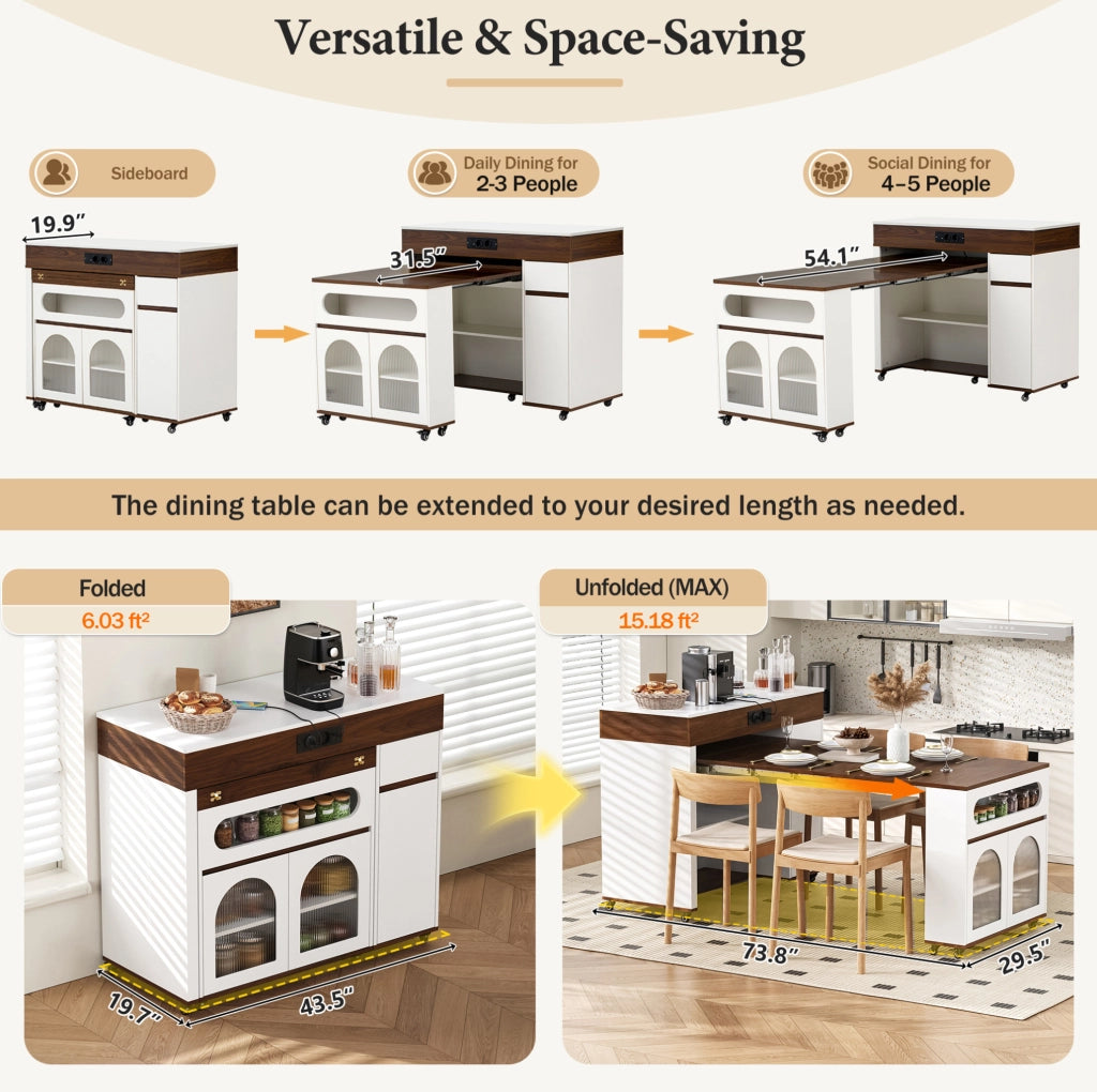 Isola cucina con ruote e tavolo allungabile, mobile con cassetto e prese elettriche, MDF bianco e finiture noce, dimensioni 50,5-187,5×110,5×95,5 cm