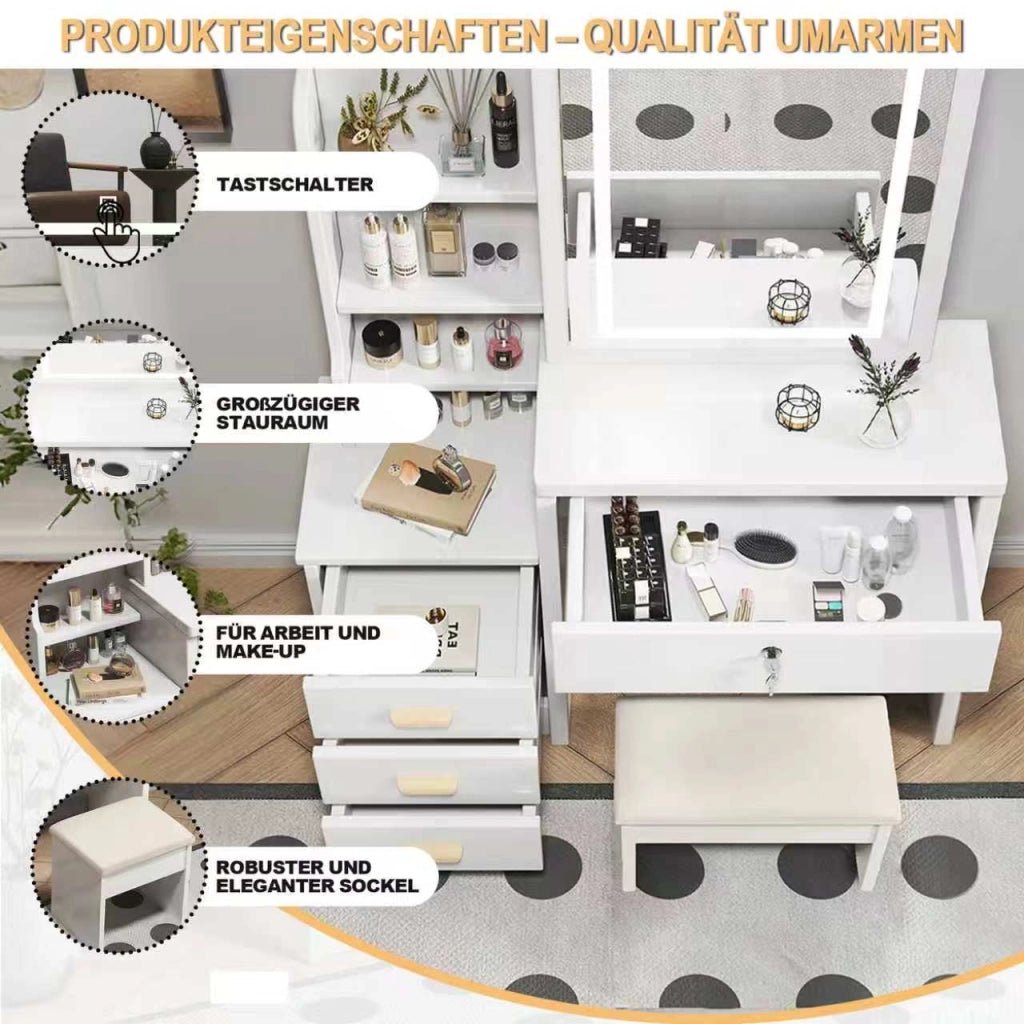 Tavolo da toeletta con specchio LED a 3 modalità, cassetti e ripiani laterali per camera da letto, in MDF, bianco