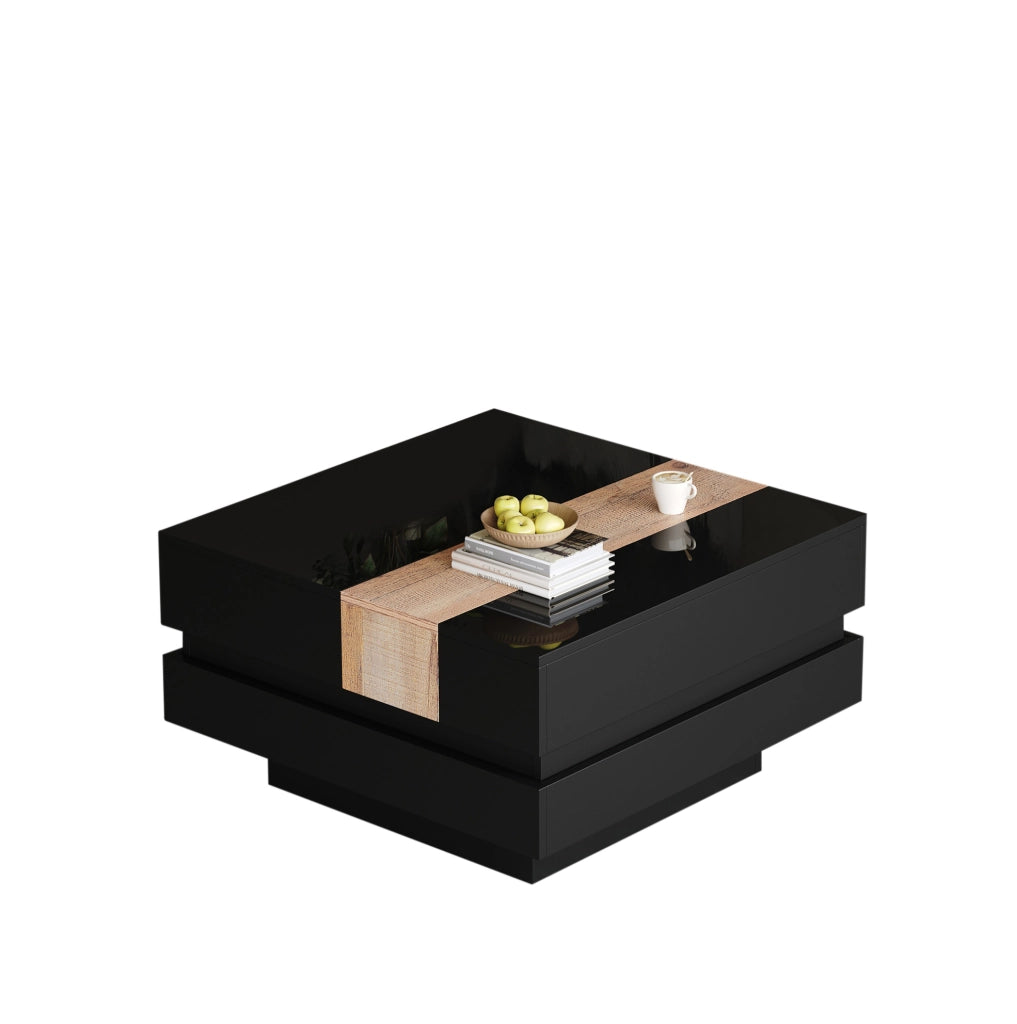 Tavolino da salotto quadrato 70x70x39 cm in MDF nero con piano estraibile e spazio contenitore nascosto