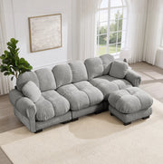 Divano angolare a L a 3 posti in tessuto chenille grigio chiaro con pouf mobile e 2 cuscini decorativi