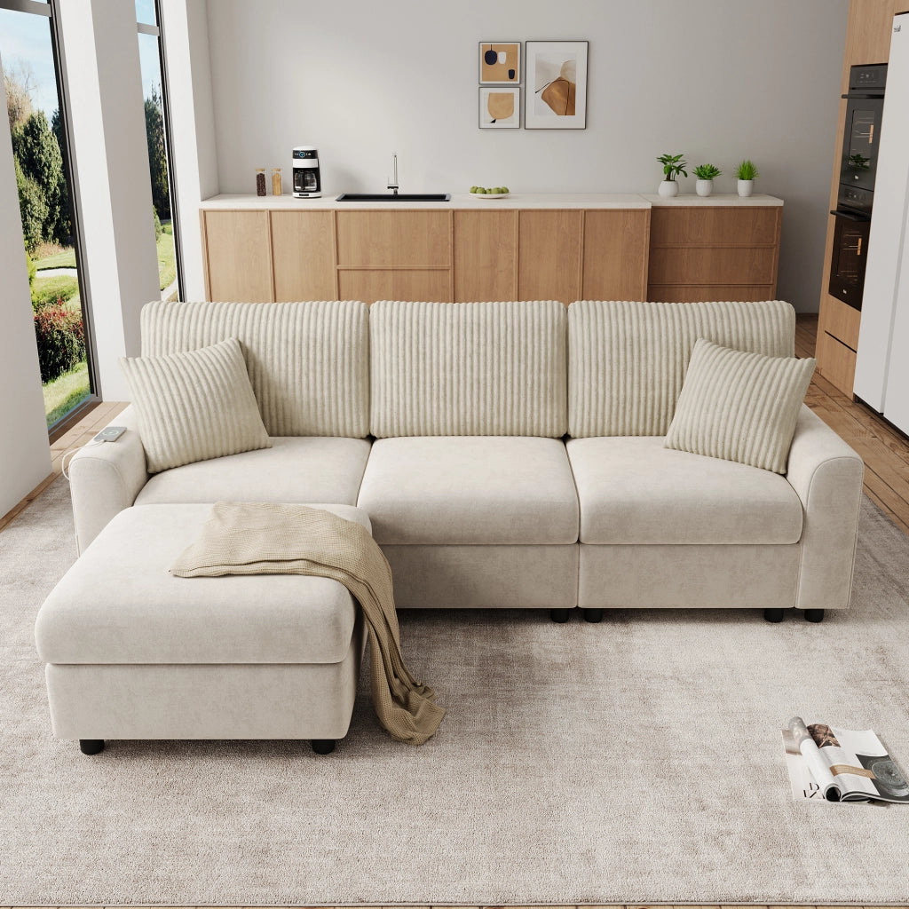 Divano dritto moderno con pouf mobile, porta USB e porta di tipo C, 2 cuscini quadrati, in ciniglia e velluto a coste beige
