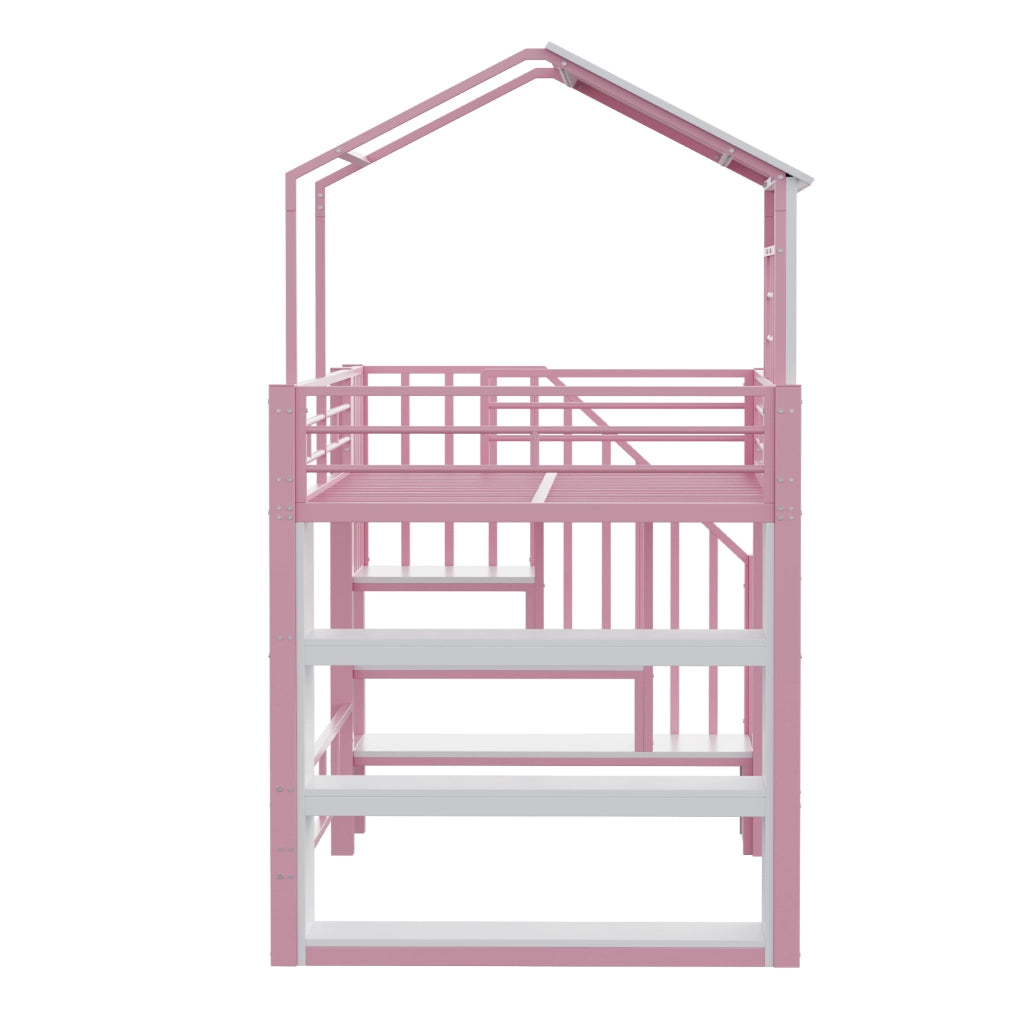 Letto a soppalco in ferro 90x200 cm con sponda alta, scala sicura reversibile e scaffalatura multi-livello, colore rosa