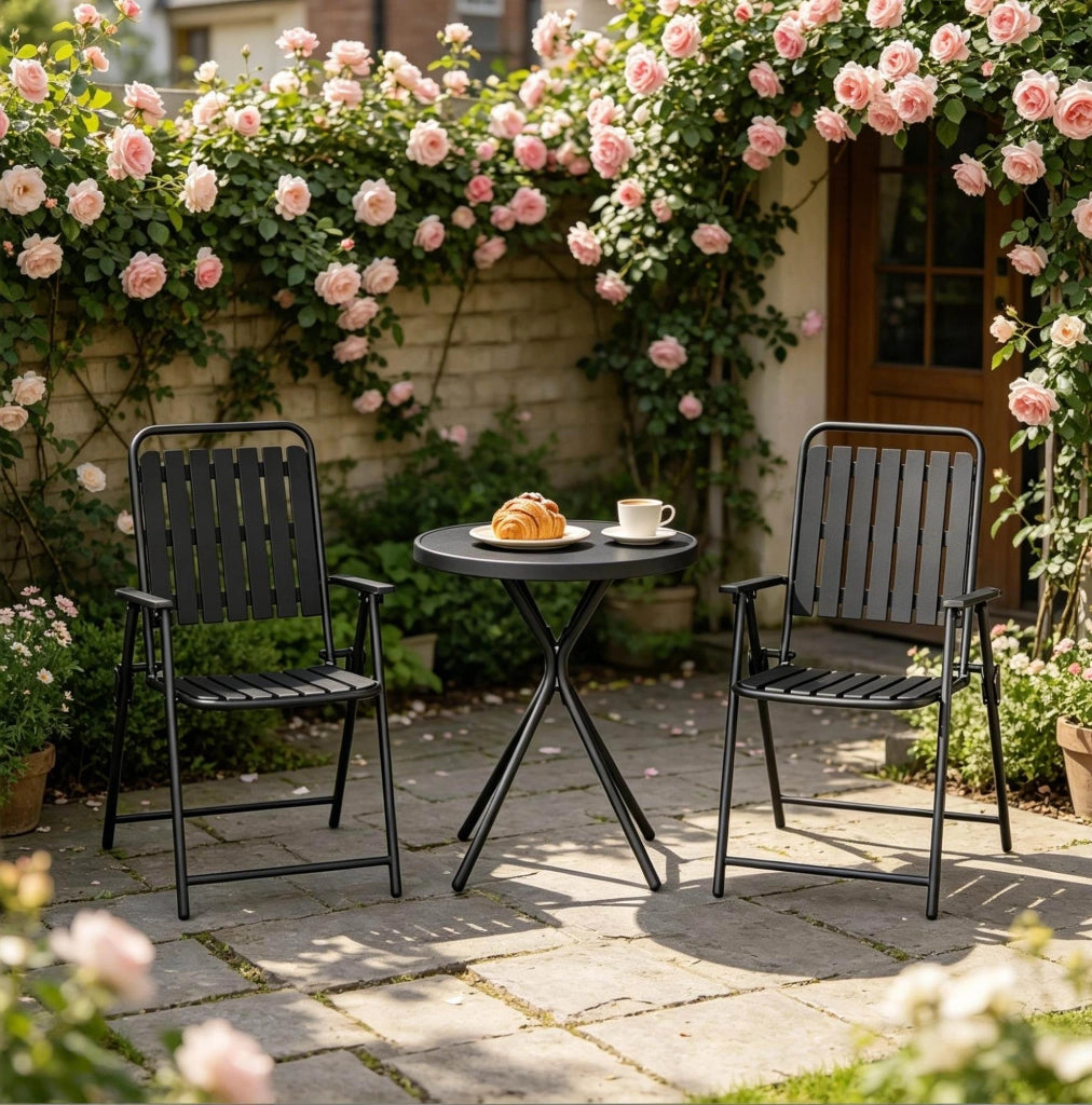 Set Mobili da Giardino 3 Pezzi in Metallo Nero con Tavolo in Vetro Temperato e 2 Sedie Pieghevoli