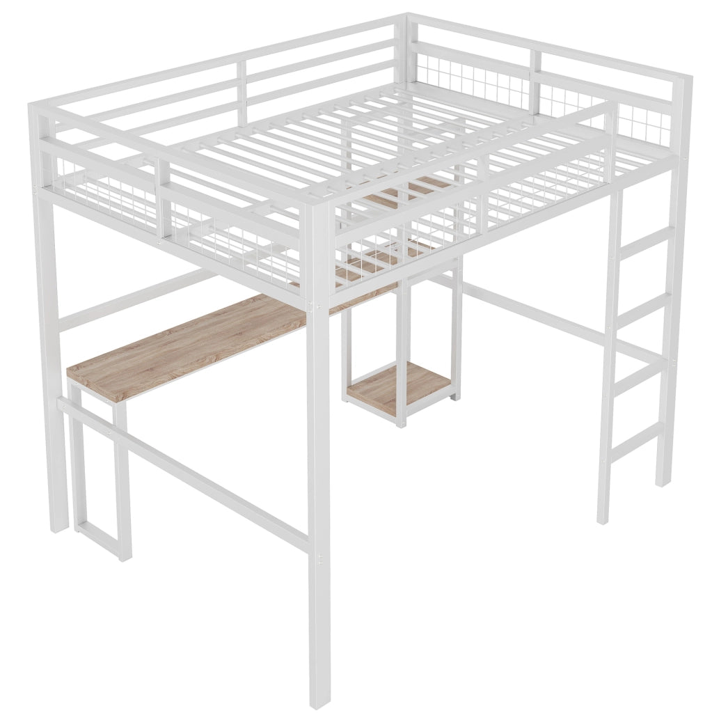 Letto a soppalco 140x200 cm con scrivania, ripiani e prese USB-C bianco
