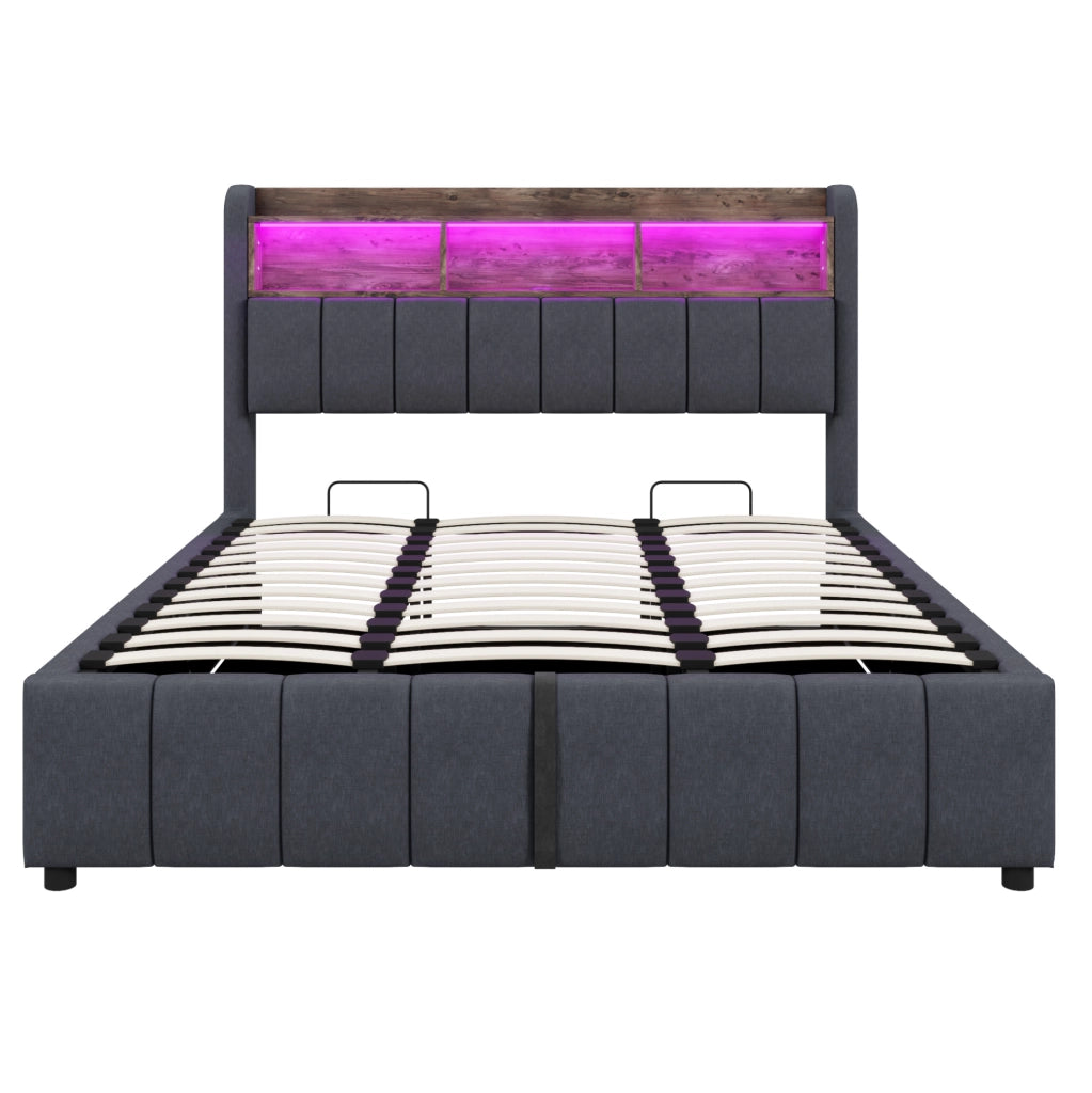 Letto imbottito 180x200 cm con LED; contenitore; USB e Type-C; grigio
