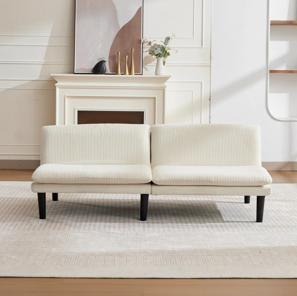 Divano a 2 posti regolabile a 3 posizioni in velluto beige con piedi neri in plastica e struttura in legno