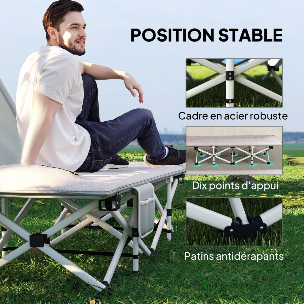 Lettino da campeggio pieghevole con materassino poggiatesta e tasca portaoggetti brandina sdraio robusta grigio 185L x 65l x 37H cm