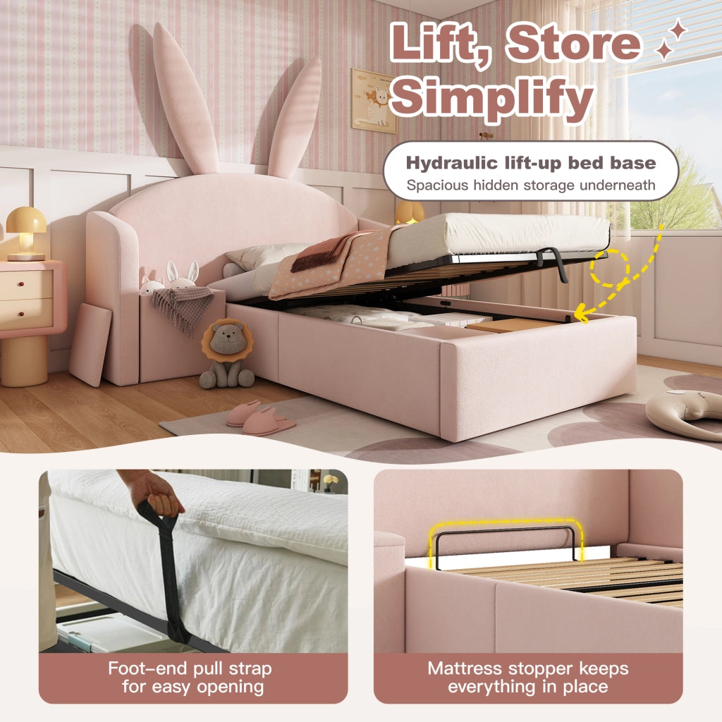 Letto per bambini imbottito 90x200 cm con contenitore idraulico; comodino reversibile e orecchie; velluto rosa