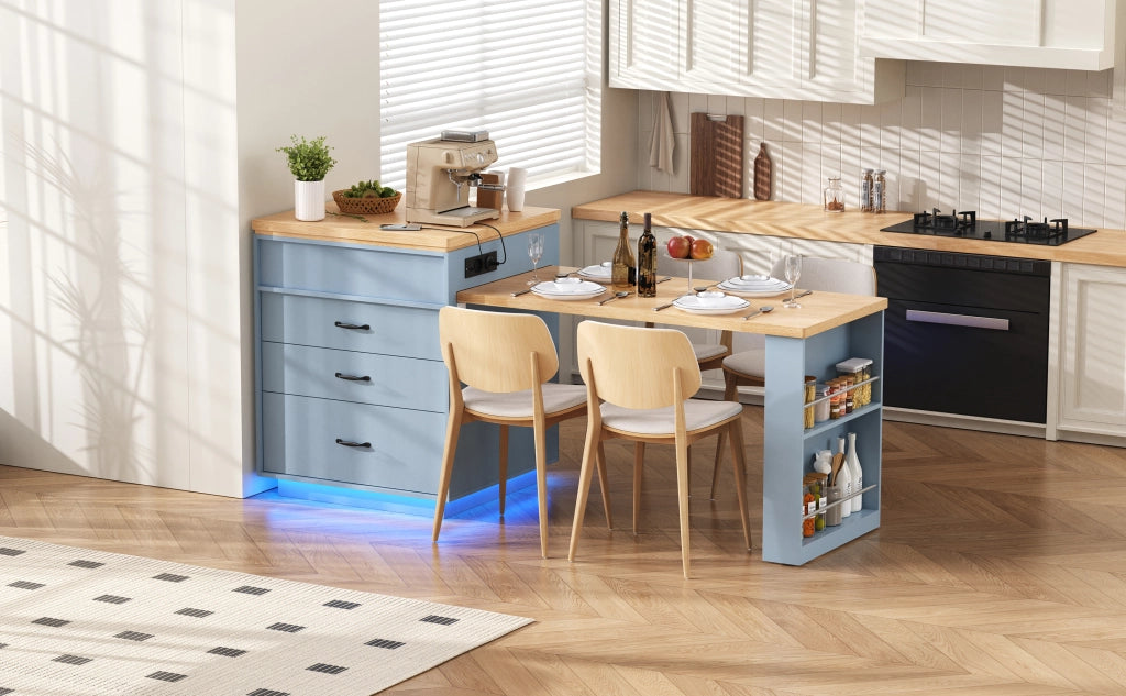 Tavolo allungabile per cucina con ripiani cassetti LED USB e Type-C blu 125.5 × 71 × 93 cm