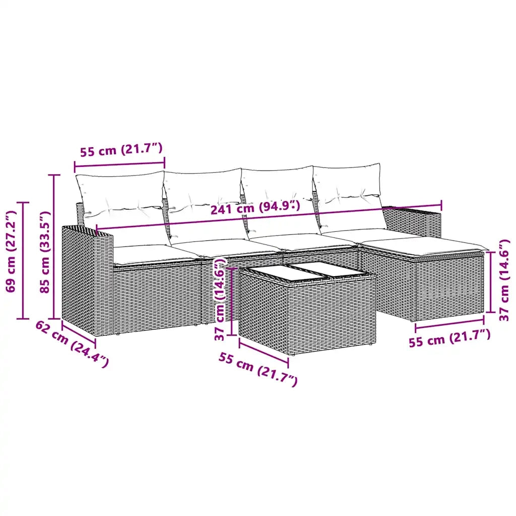 Set Divano da Giardino 6pz con Cuscini Grigio Chiaro Polyrattan