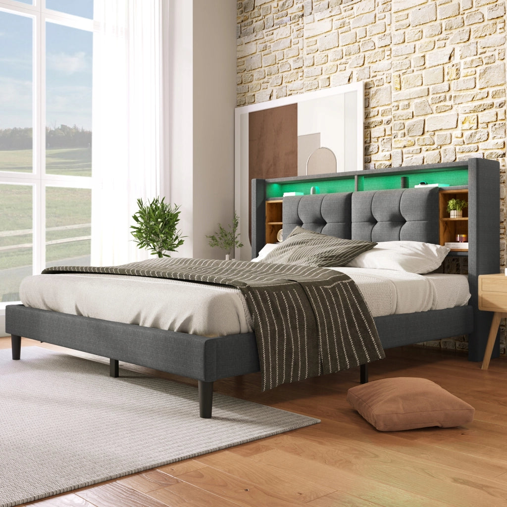 Letto imbottito 140x200 grigio - Xylo - con USB e LED