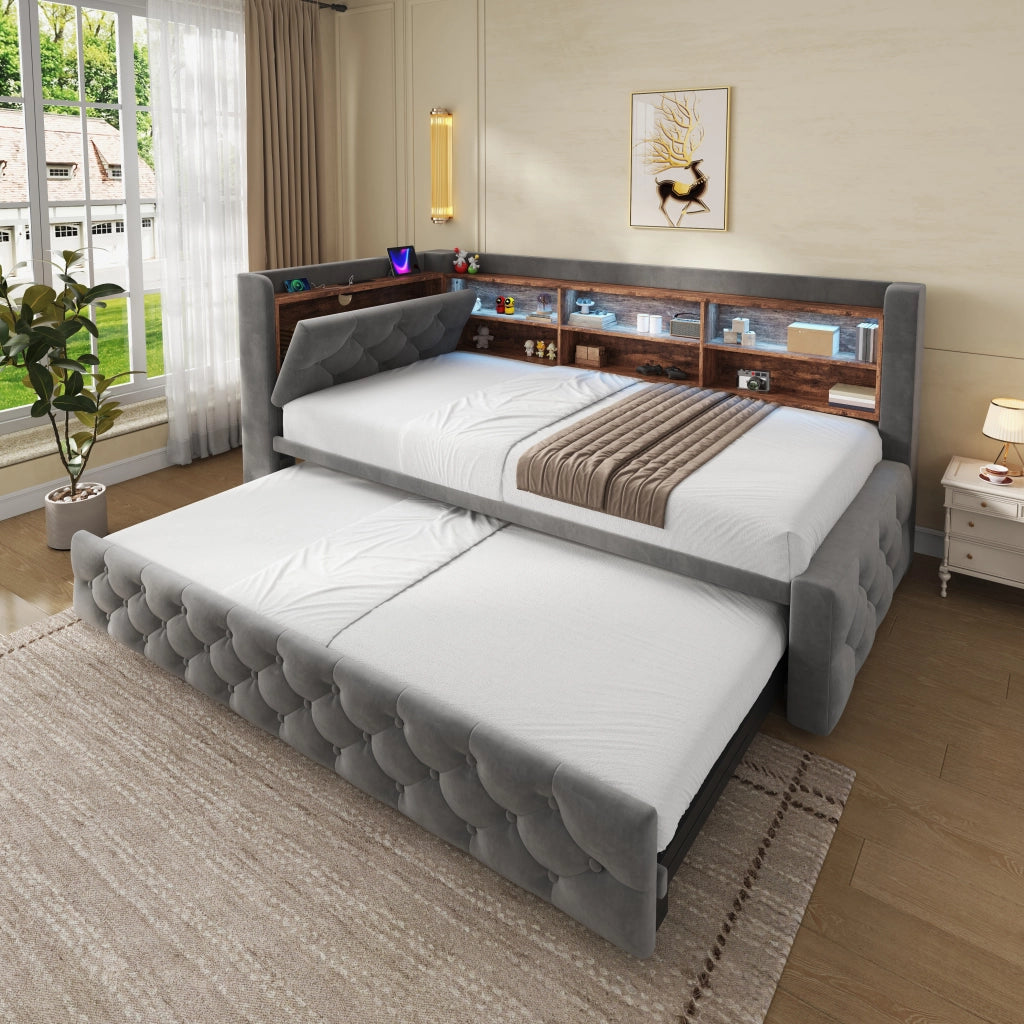 Divano letto estraibile 90x190 cm in velluto grigio scuro con LED e USB