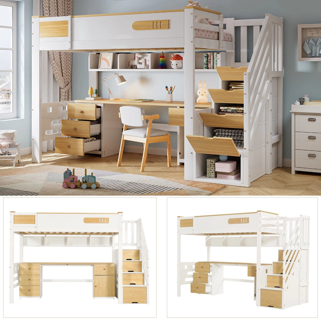 Letto a soppalco 90x200 cm bianco e legno naturale in legno massello e MDF con scrivania e scala contenitore