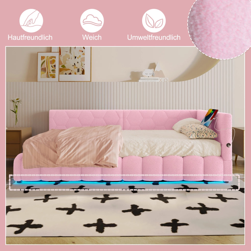 Letto da Giorno 90x200 cm in velluto con Contenitore Idraulico; LED; USB-C Rosa
