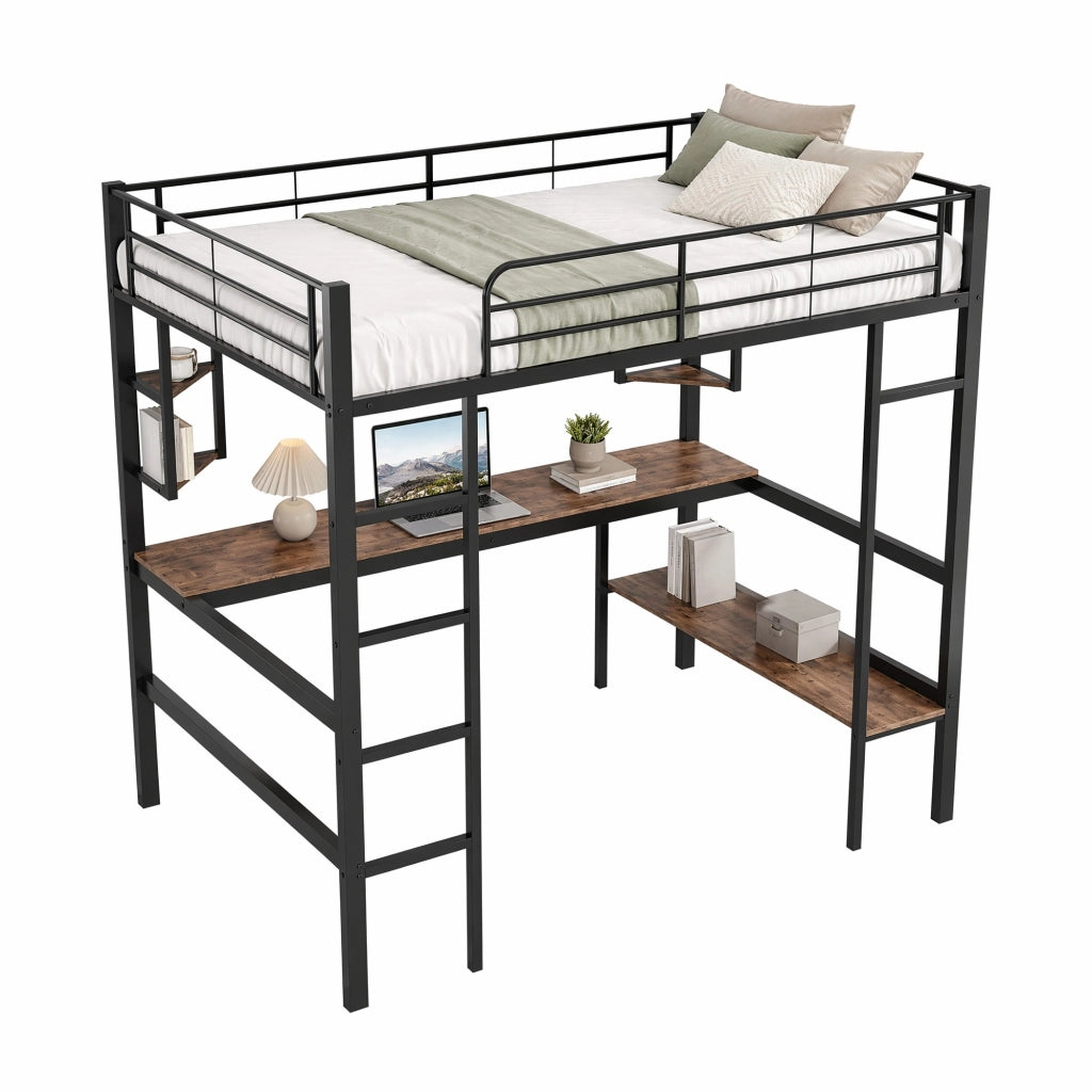 Letto a soppalco 90x200 cm in metallo con scrivania e libreria, nero