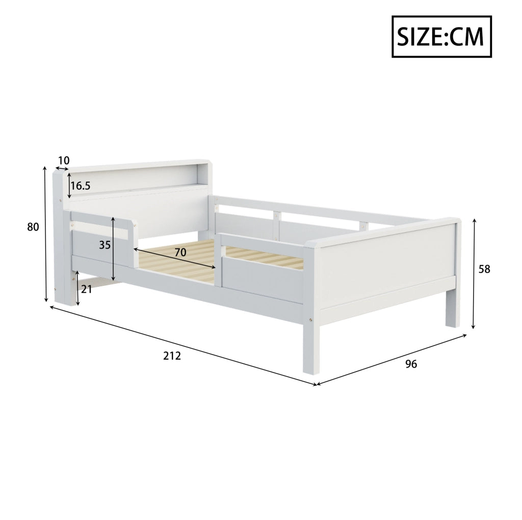 Letto singolo per bambini 90x200 in legno bianco con LED， presa USB e Type-C， senza materasso