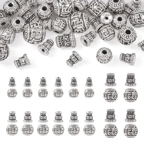 Set di preghiere a forma di perle tibetane - 20 pezzi - Stile tibetano - Perle per rosario e bracciale - Finitura argentea