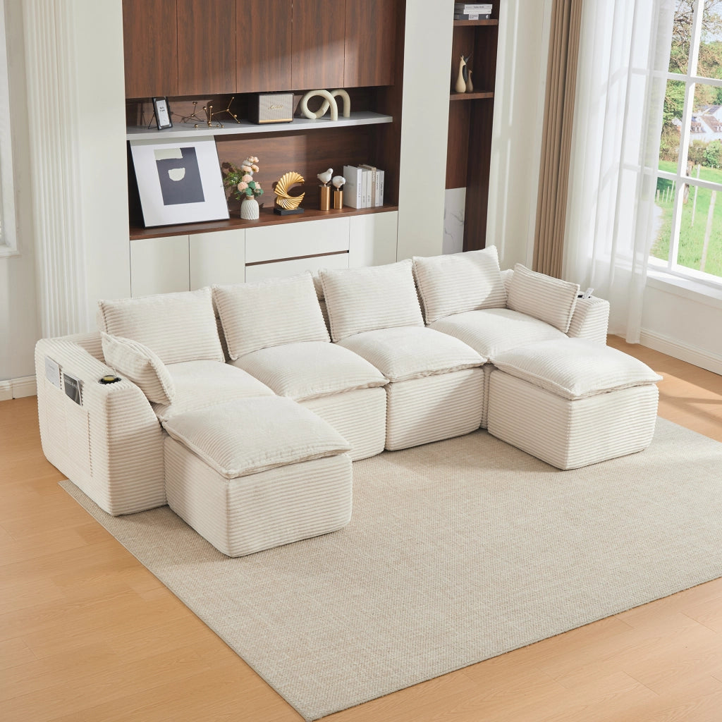Divano 322x161x75 cm componibile con tasche laterali in velluto a coste beige