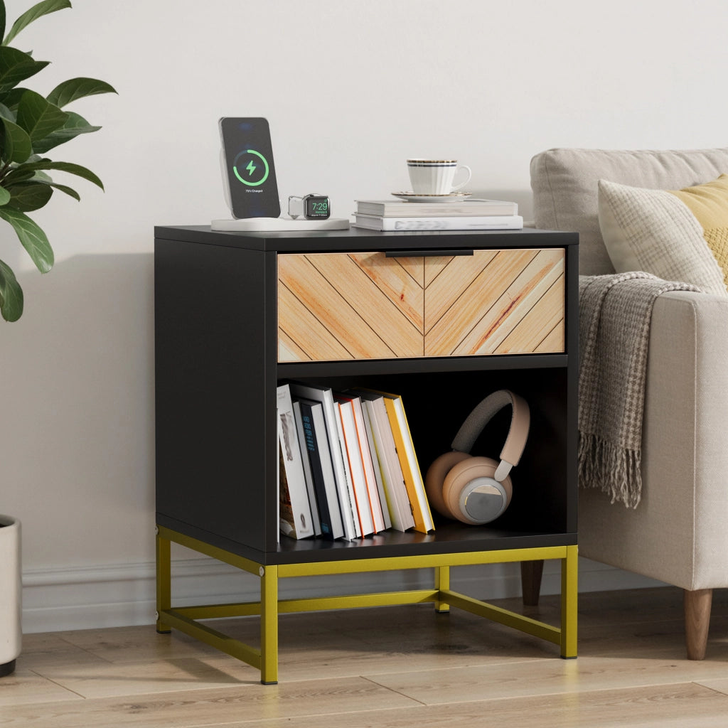 Comodino moderno in MDF nero e naturale, 43 x 40 x 55 cm