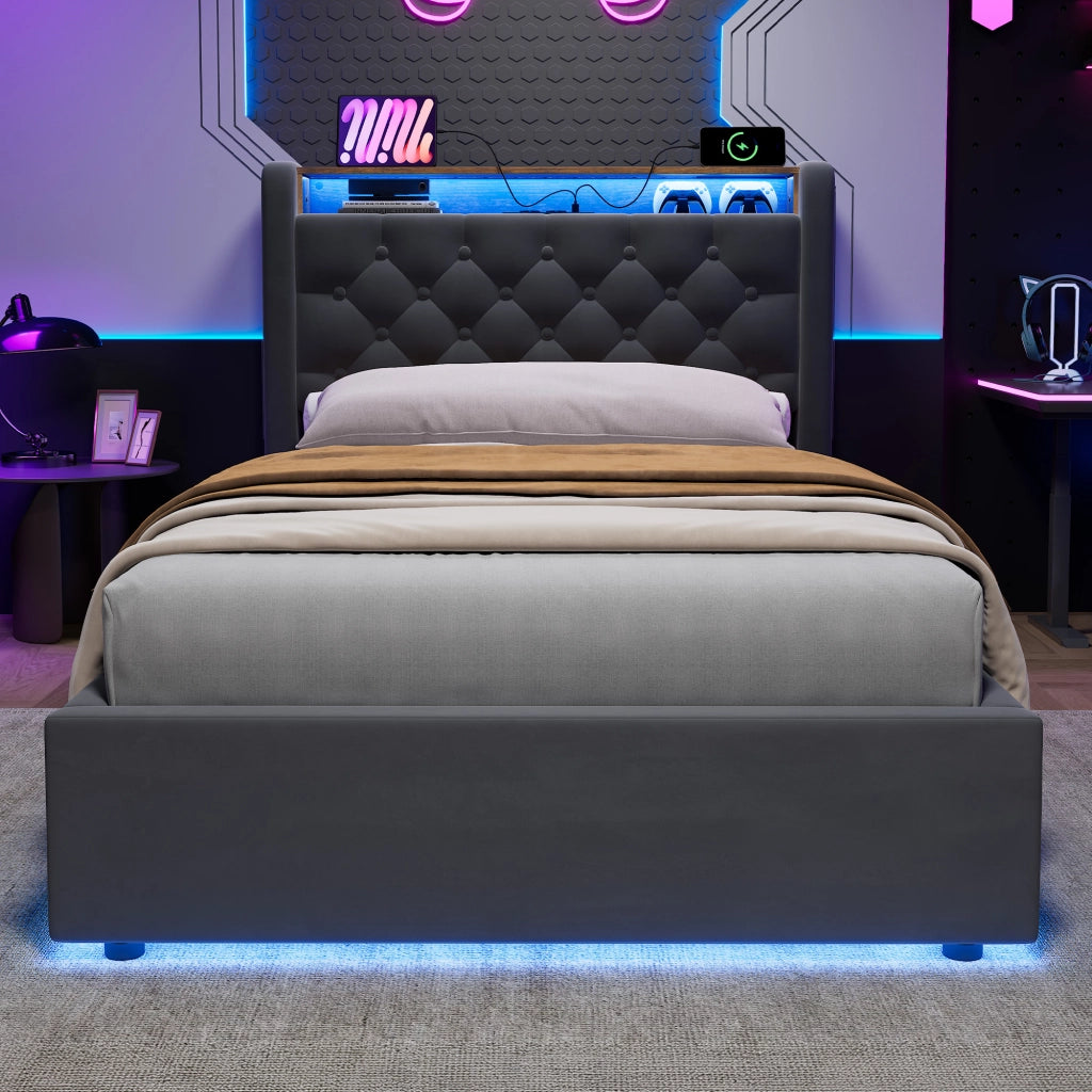 Letto imbottito grigio 90x200 cm con contenitore idraulico, LED e porte USB-A e USB-C