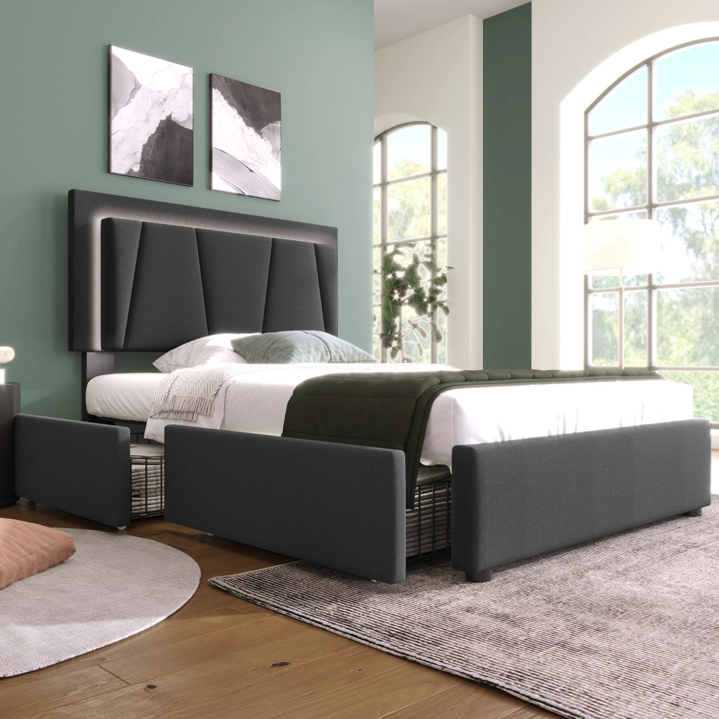 Letto singolo 90 × 200 cm con LED e 2 cassetti testiera regolabile in lino grigio senza materasso