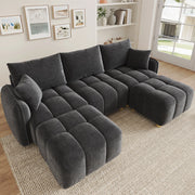 Divano ad angolo modulare in l/u 5 sedili 219x136x84 cm con pouf e cuscini 2; design a nuvola; tessuto in ciniglia; ampi braccioli; grigio